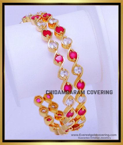 BNG854 - 2.8 Impon White and Ruby Stone Bangles Gold Design