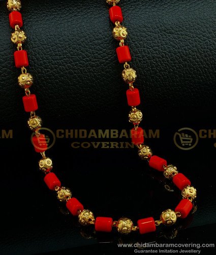CHN190 - One Gram Gold Red Coral Beads with Golden Ball Chain for Women