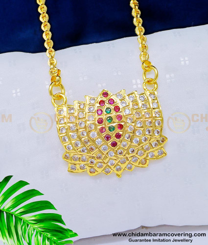 DLR117 - Impon Jewellery One Gram Gold White and Ruby Stone Lotus Design Dollar Chain