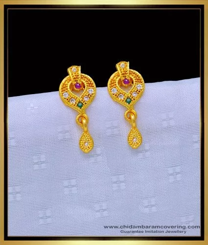 GOLD PLATED EARRING ZINC ALLOY DANGLER HANGING STUDS CZ AMERICAN DIAMOND  JHUMKI JHUMKA DAILY WEAR AND PARTY WEAR – Small Chandbali Gold - Baby