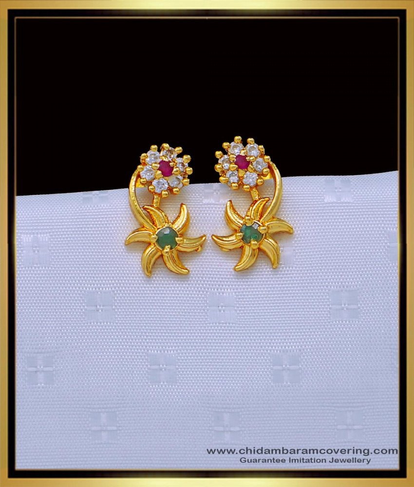 one gram gold earrings, earrings design, stud kammal, covering thodu, gold covering jewellery, chidambaram covering earrings, patchai kal thodu, 