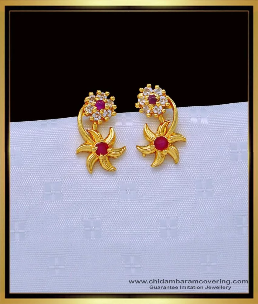 Full Ruby Stone Gold Small Stud Earring Daily Wear ER3041