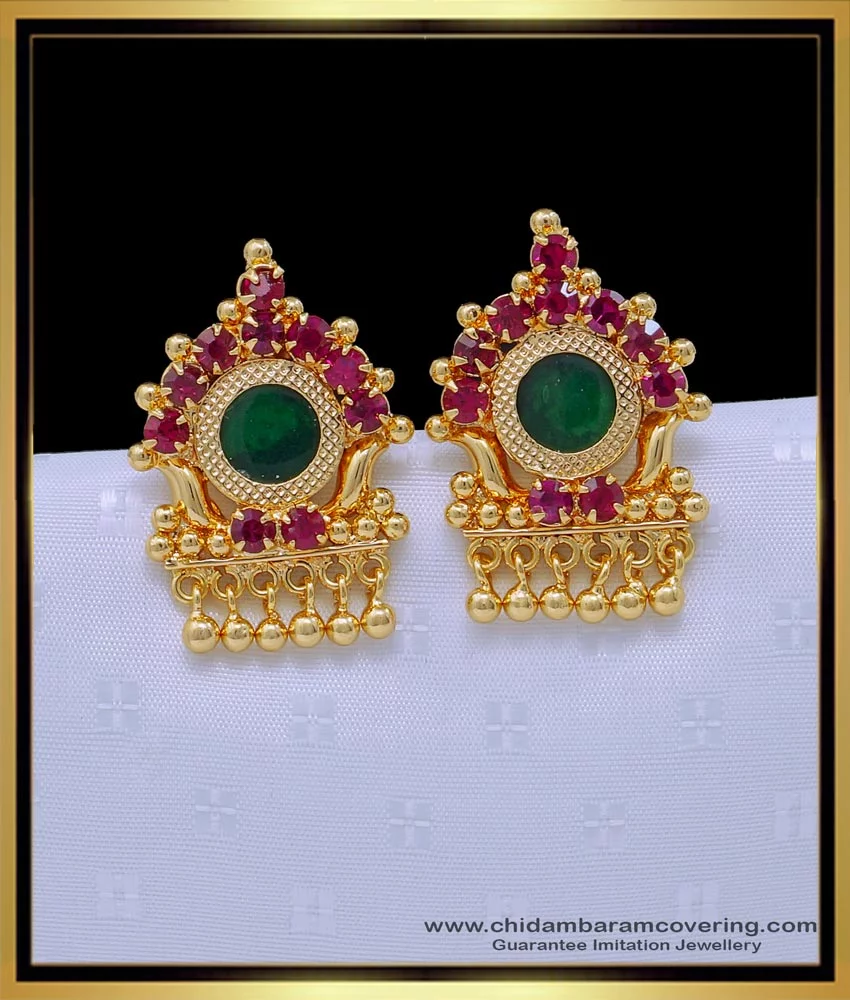 Gold tone kerala style pink-green palakka earrings dj-44757 – dreamjwell