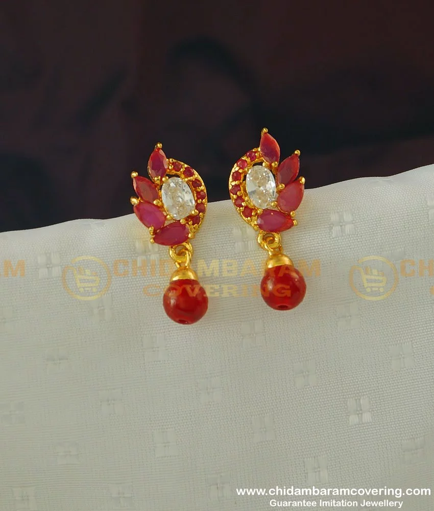 Gold earrings store red stone