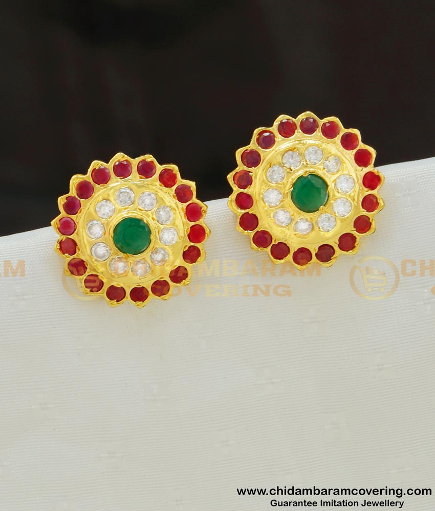 ERG553 - Panchaloha Traditional Flower Design Multi Stone Impon Big Studs for Women