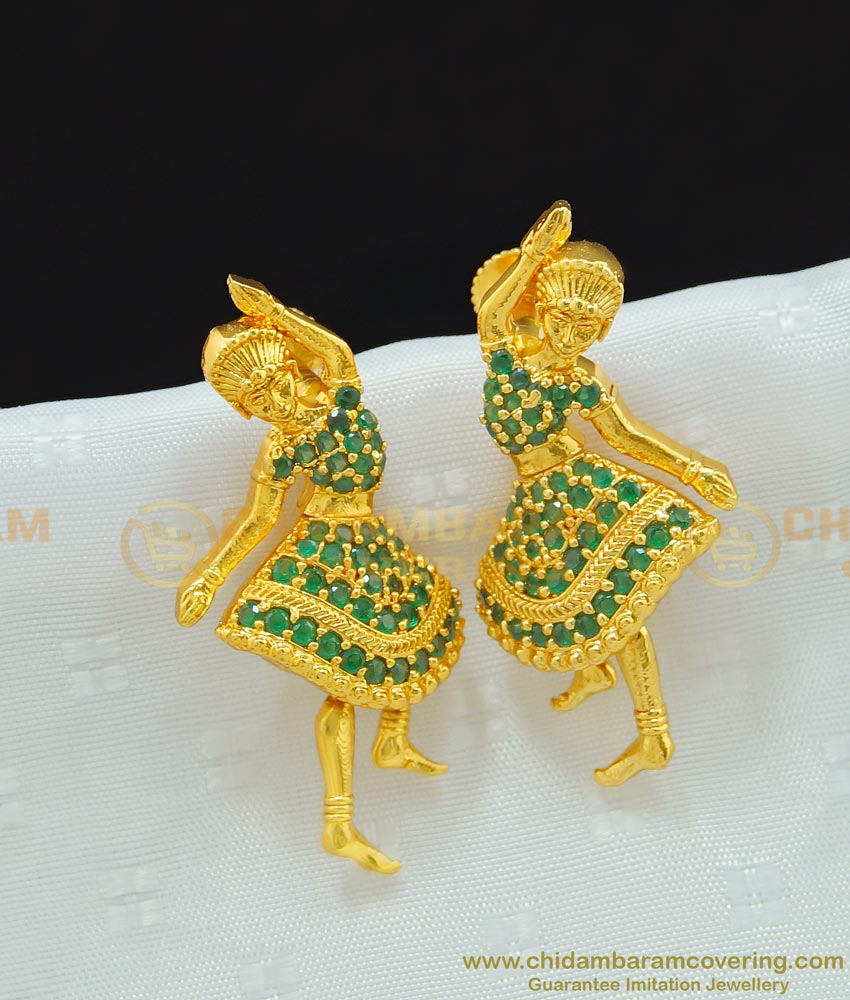 ERG655 - Good Quality One Gram Gold Green and White Stone Butta Bomma Earrings Online