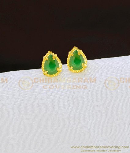 ERG824 - Cute Daily Wear 1 Gram Single Stone Pear Shape Emerald Green Stone Stud Earrings for Kids