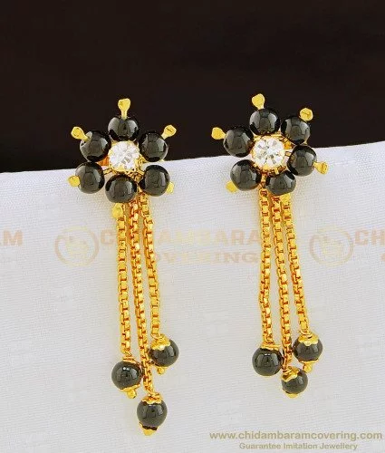 22K Gold Earrings with Cz & Black Beads - GER6130