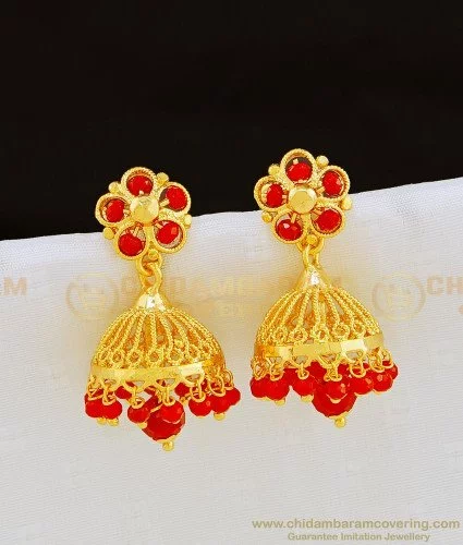 Buy Traditional South Indian White and Ruby Ad Stone Jhumkas