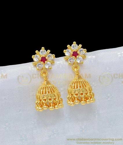 Buy Traditional South Indian White and Ruby Ad Stone Jhumkas