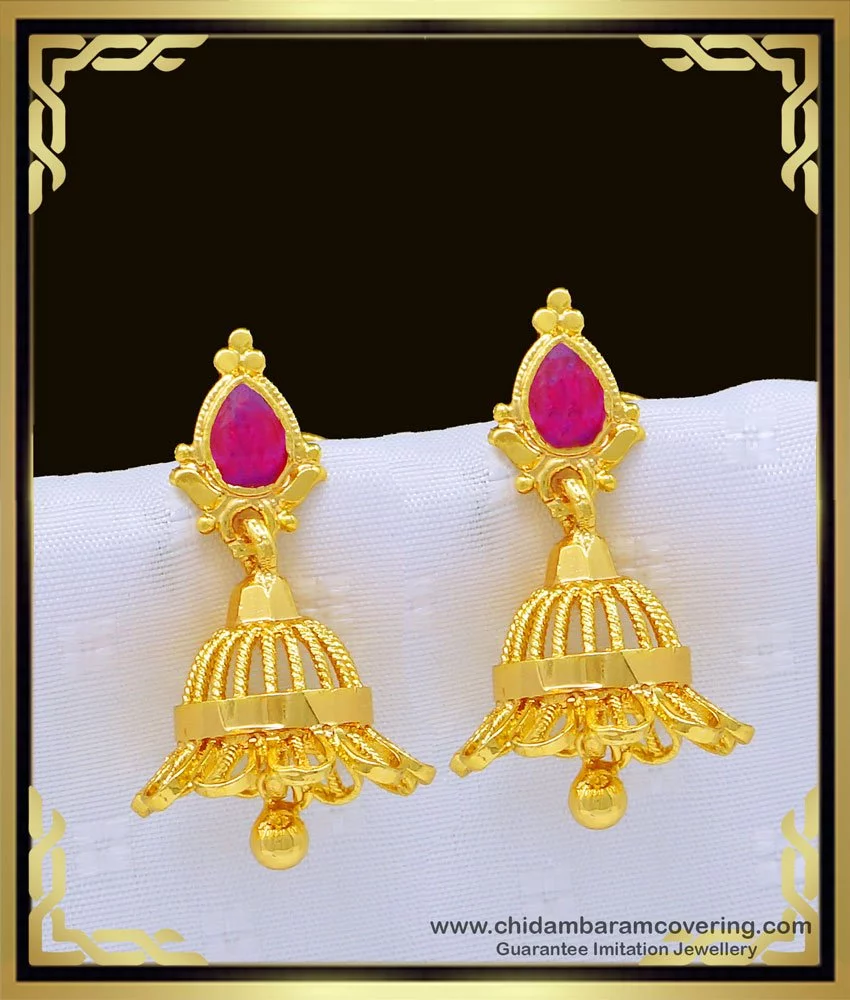 Buy New Flower Design Pink Stone Kerala 1 Gram Gold Jimiki ...