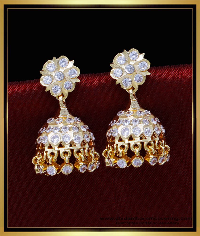 impon jhumkas, Impon jhumkas gold plated, traditional jhumkas online, stone earrings design, stone jhumka earrings, white stone jhumka earrings