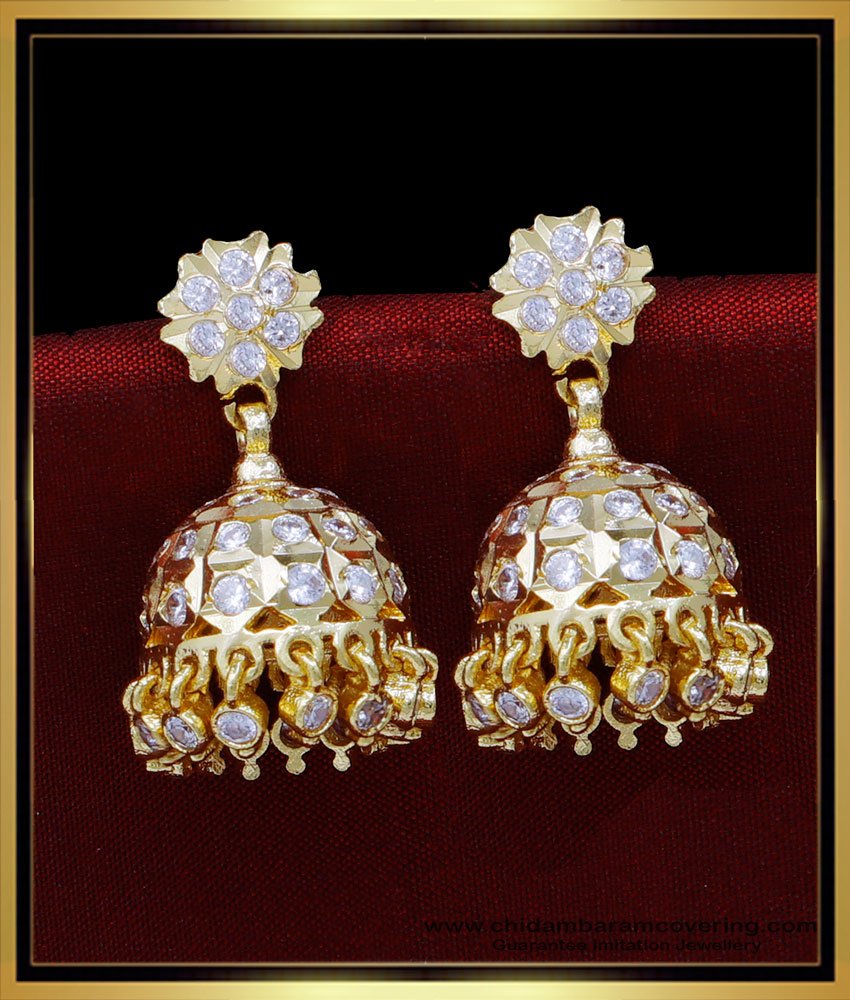 impon jhumkas, Impon jhumkas gold plated, traditional jhumkas online, buttalu designs, stone jhumka earrings, white stone jhumka earrings