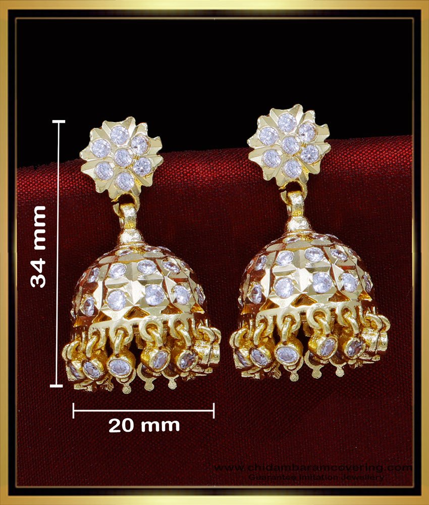 impon jhumkas, Impon jhumkas gold plated, traditional jhumkas online, buttalu designs, stone jhumka earrings, white stone jhumka earrings