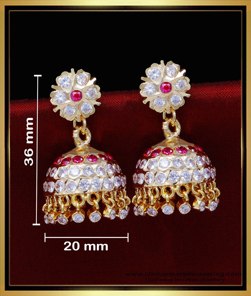 impon jhumkas, Impon jhumkas gold plated, traditional jhumkas online, buttalu designs, stone jhumka earrings, white stone jhumka earrings