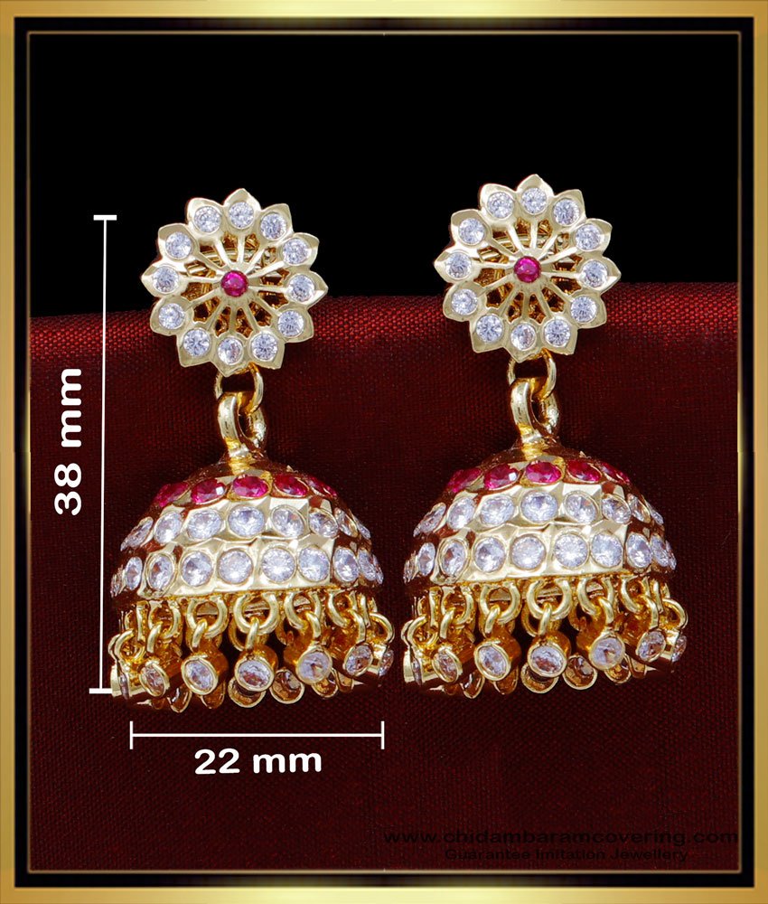 impon jhumkas, Impon jhumkas gold plated, traditional jhumkas online, buttalu designs, stone jhumka earrings, white stone jhumka earrings