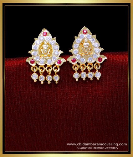 ERG2083 - Impon White Stone Lakshmi Stud Earrings Gold Design 