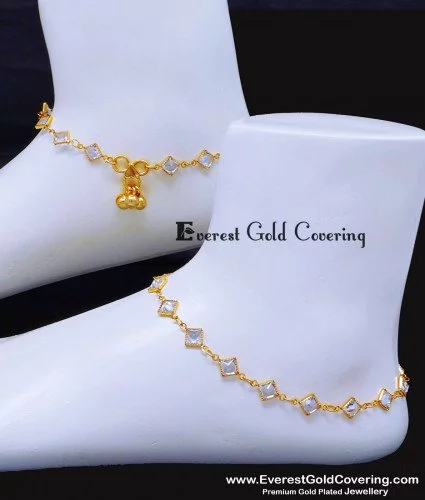 ANK150 - 10.5 Inch Gold Plated White Stone Anklet Simple Unique Payal Design