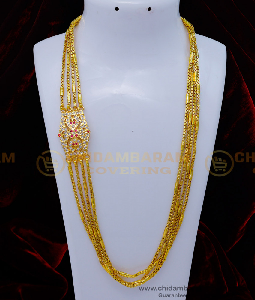 4 line mugappu chain design, impon mugappu chain, mugappu thali chain, thali chain design online, stone mugappu chain