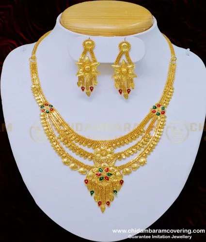 Radiant Layers: 3-Line Oval Handmade Antique Gold Beads Layered Necklace  Set with Matching Earrings NL25160