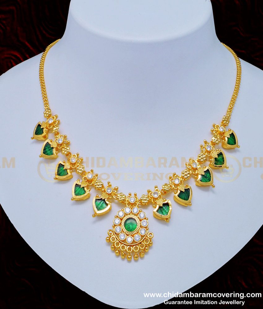 5 palakka necklace, white stone palaka necklace, gold necklace, 