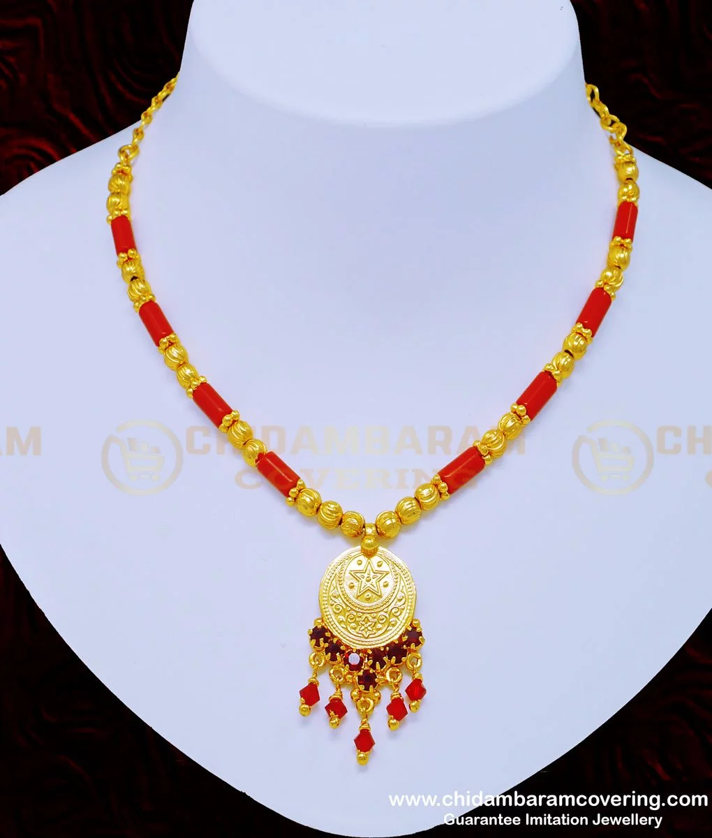 Buy One Gram Gold Red Coral Necklace with Lakshmi Pendant Mangalore Necklace  Online