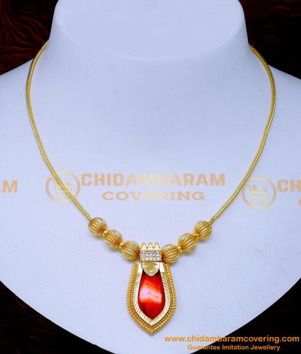 Nlc1467 - Kerala Jewellery Designs Red Locket Palakka Mala Gold