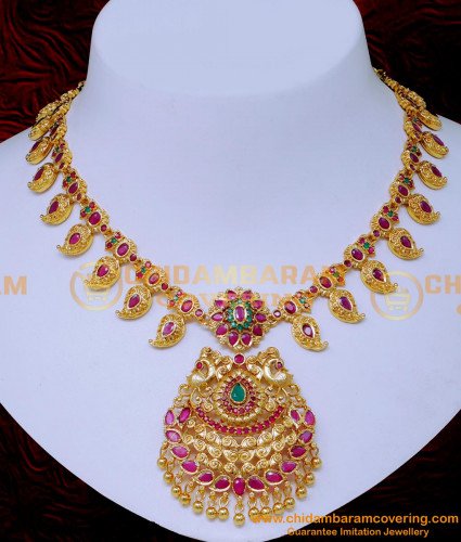 NLC1550 - Traditional Ruby Emerald Wedding Gold Necklace Design