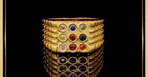 rng208 latest impon navaratna gold ring design gold plated 9 stone ring for men 1