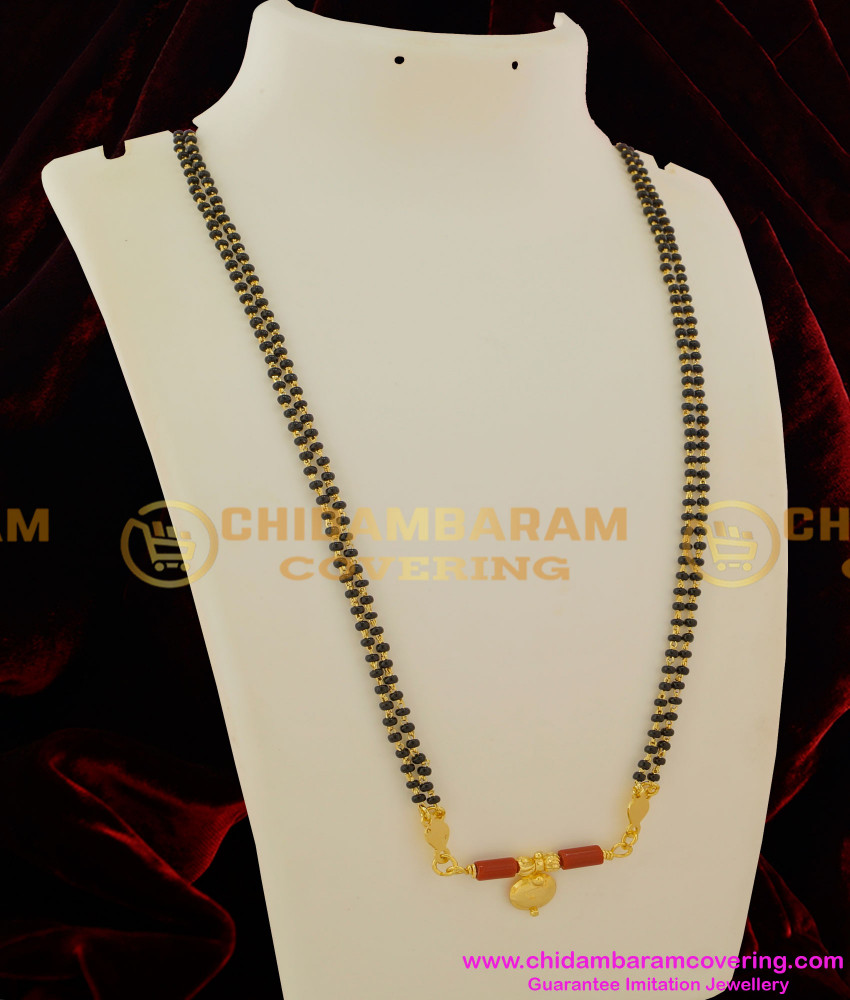 THN15 - Single Wati Red Coral Mangalsutra With Double Line Black Beads Chain For Women