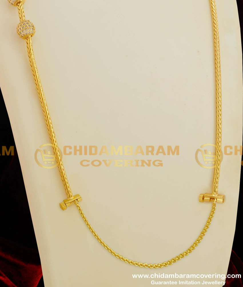 THN26-LG - 30 Inches Long White Stone Balls Mugappu Chain with Screw Connector Buy Online